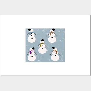 Snowman Pattern Blue Background Posters and Art